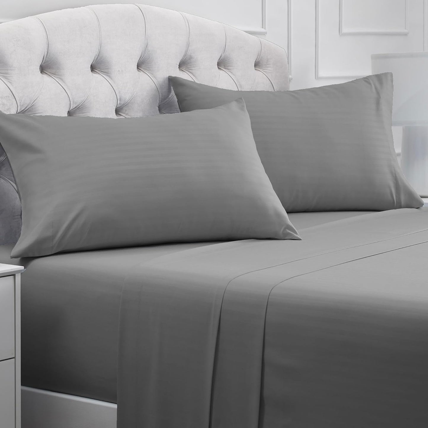 Mellanni Full Sheets Set - 4 PC Iconic Collection Bedding - Hotel Luxury, Extra Soft, Cooling Bed Sheets - Wrinkle, Fade, Stain Resistant (Full, Striped Gray/Silver)
