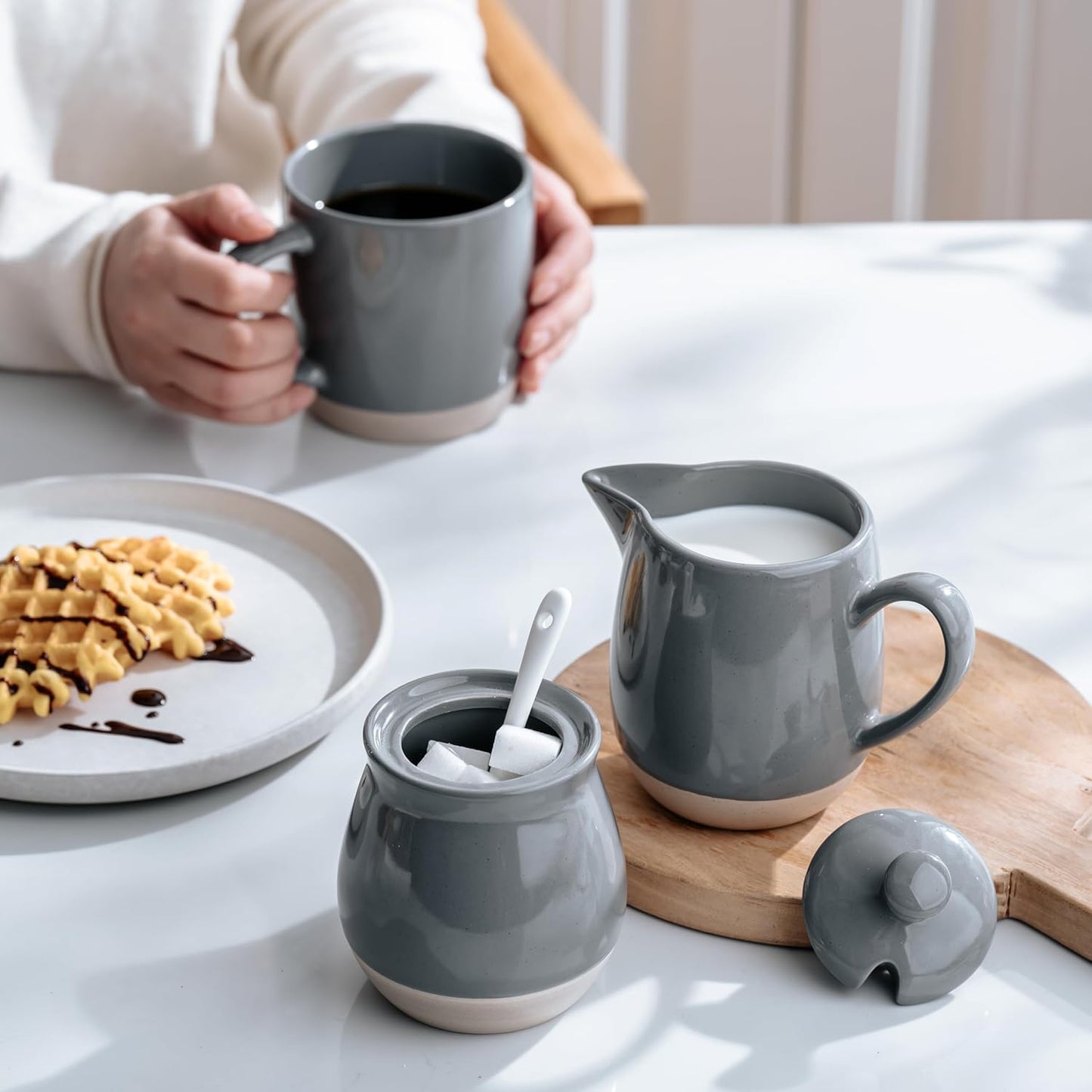 famiware Milkyway Ceramic Sugar and Creamer Set, 10oz Sugar Bowl & 13oz Creamer Set – Stoneware Milk Pitcher & Sugar Dispenser for Coffee Bar, Kitchen, or Countertop, Coffee Serving Set, Dark Gray