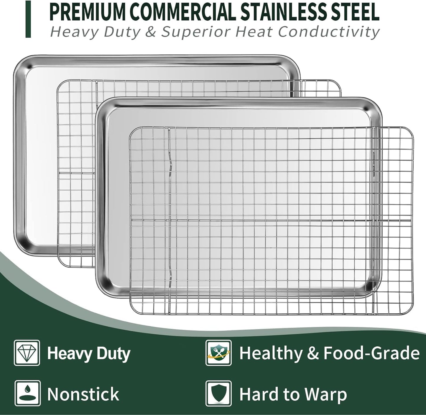 Half Sheet Pans with Rack Set [2 Pans + 2 Racks], CEKEE Stainless Half Size Large Baking Sheets with Rack -18 Inch Baking Tray Set- Rust & Warp Resistant & Heavy Duty Large Cookie Sheet