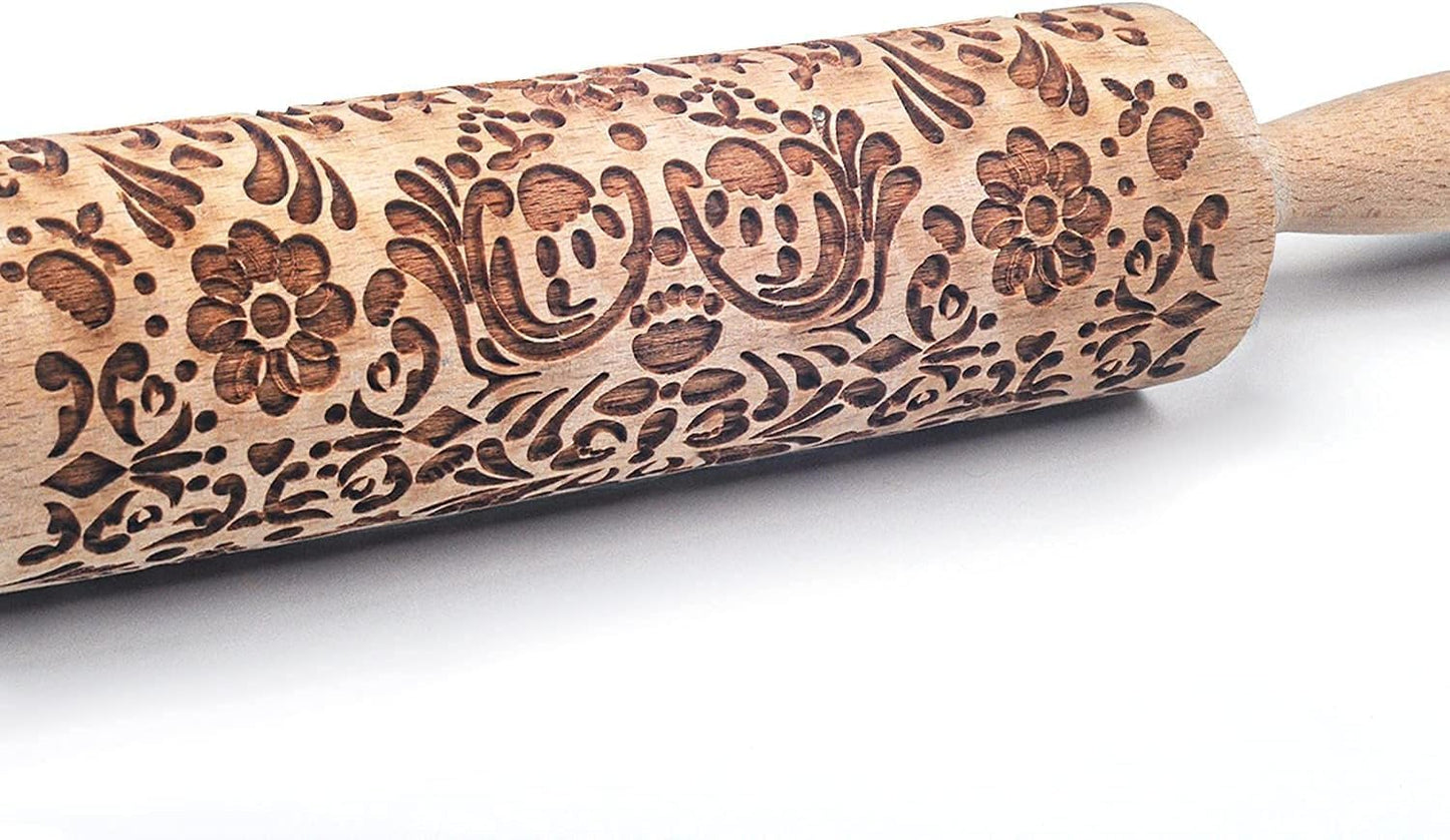 Christmas Wooden Rolling Pin for Baking Engraved Embossing Rolling Pin Cookie Stamps Roller Square Grid Cookies Mold Kitchen Decor Tools for Baking Embossed Cookies (Flower Plant)