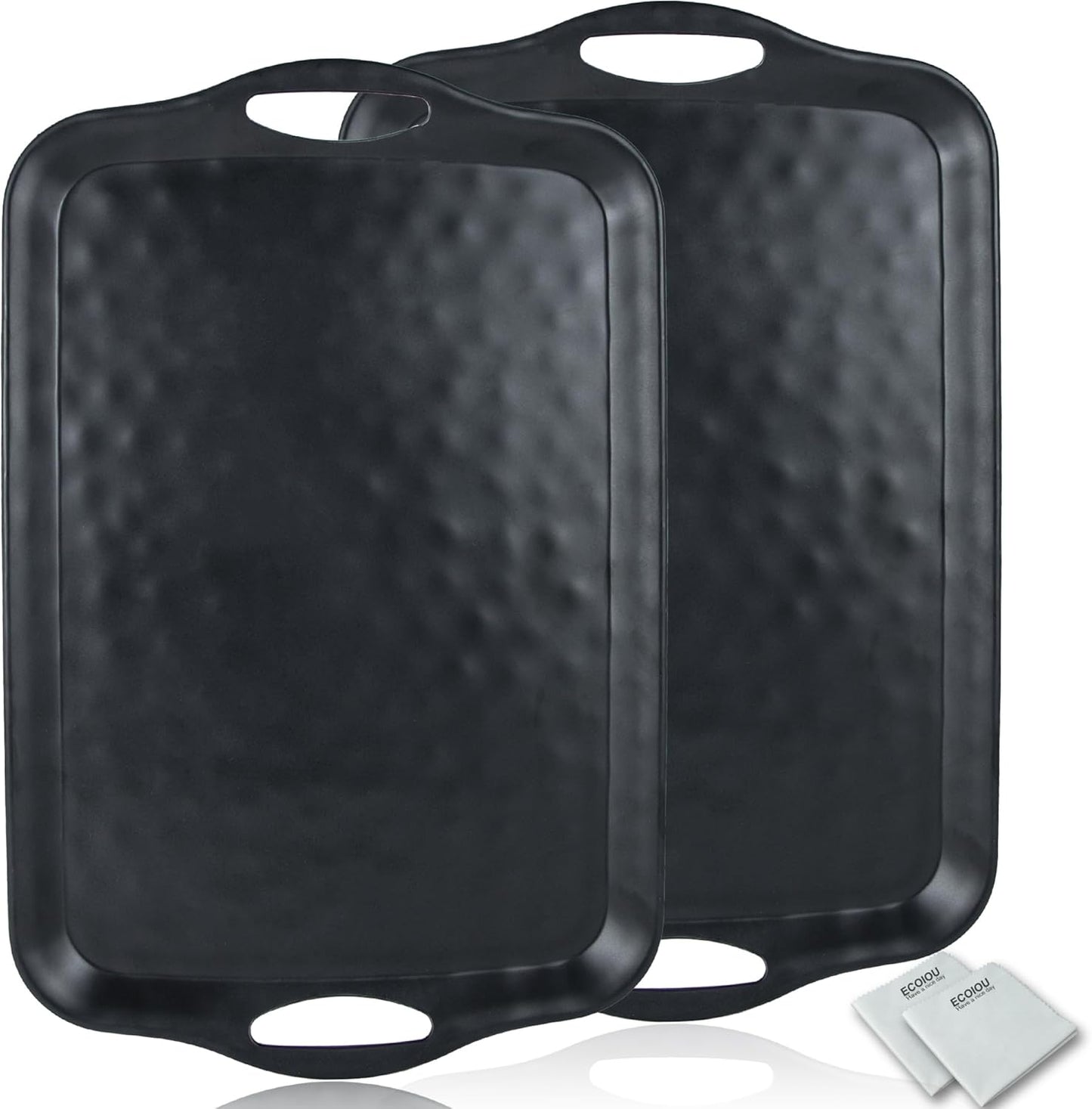 Extra Large Serving Tray with Handles, 20x13 inch, Set of 2 Melamine Platters for Serving Food, Turkey, Cookie, Rectangular Trays for Eating, Raised Dots Matt Finished, Dishwasher Safe, Black