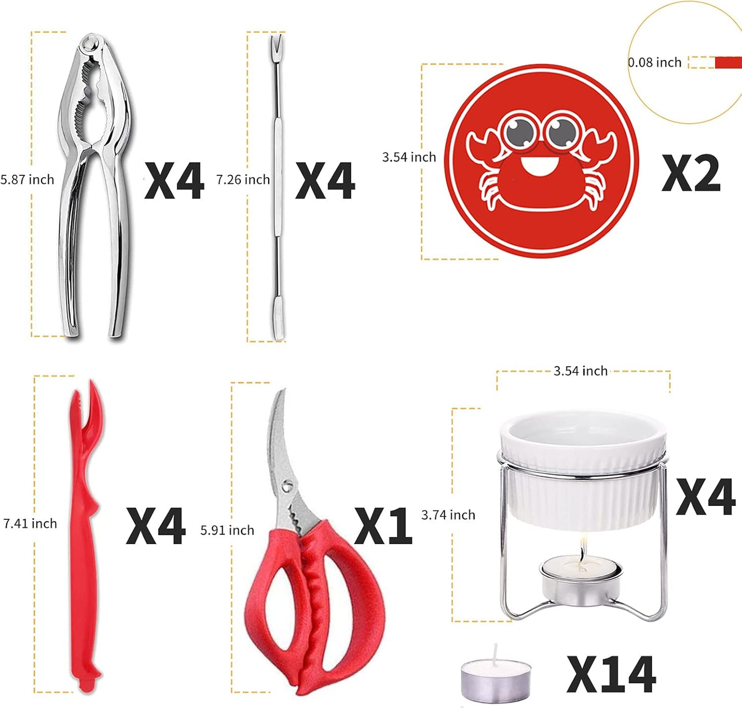 Luvan 33 Pcs Crab Crackers and Tools Set with 4 Crab Leg Crackers, 4 Crab Forks, 4 Lobster Shellers, 4 Butter Warmers, 1 Seafood Scissors, 14 Tealight Candles, 2 Crab Grabber-Seafood Boil Party Supply