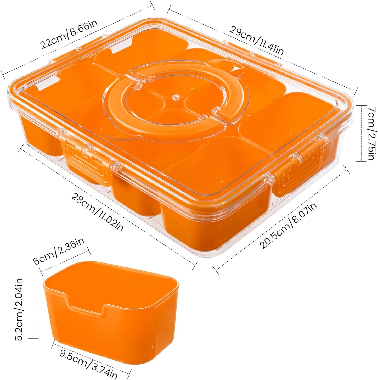 Divided Serving Tray with Lid and Handle - Snackle Box Charcuterie Container for Portable Snack Platters Organizer for Candy, Fruits, Nuts, Snacks - Perfect for Party, Entertaining, Orange