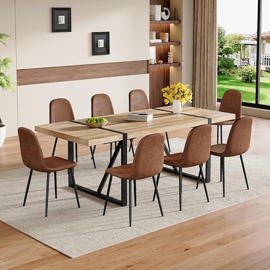 86.6" Dining Table Set for 8, Modern 9 Piece Wood Kitchen Table and Chairs Set, Rectangle Dining Room Table with 8 Suede Upholstered Chairs, Ideal for Home, Kitchen, or Apartment Dining