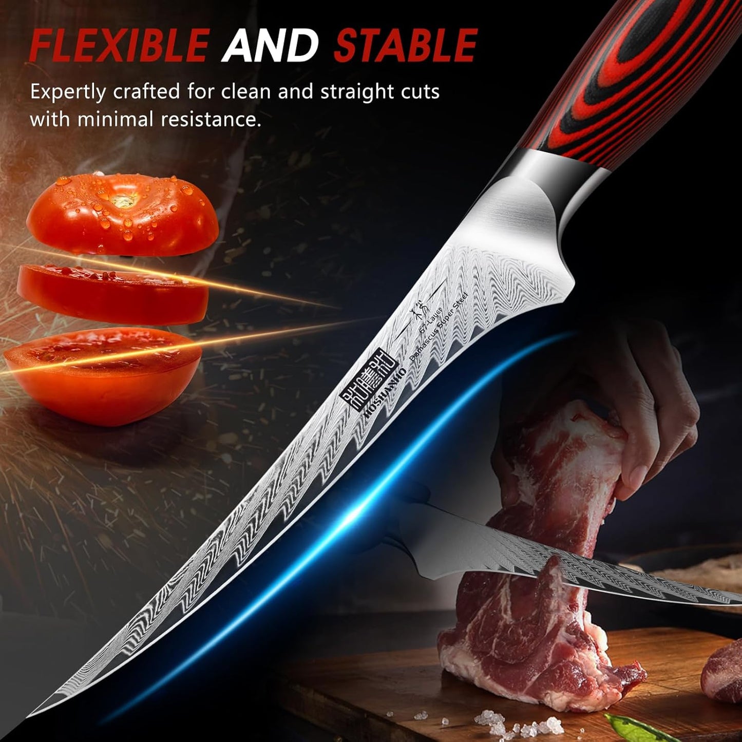 Fillet Knife 7 Inch, Damascus Steel Boning Knife, Professional Fish Fillet Knife for Meat Chicken Cutting, Meat Knife with G10 Ergonomic Handle