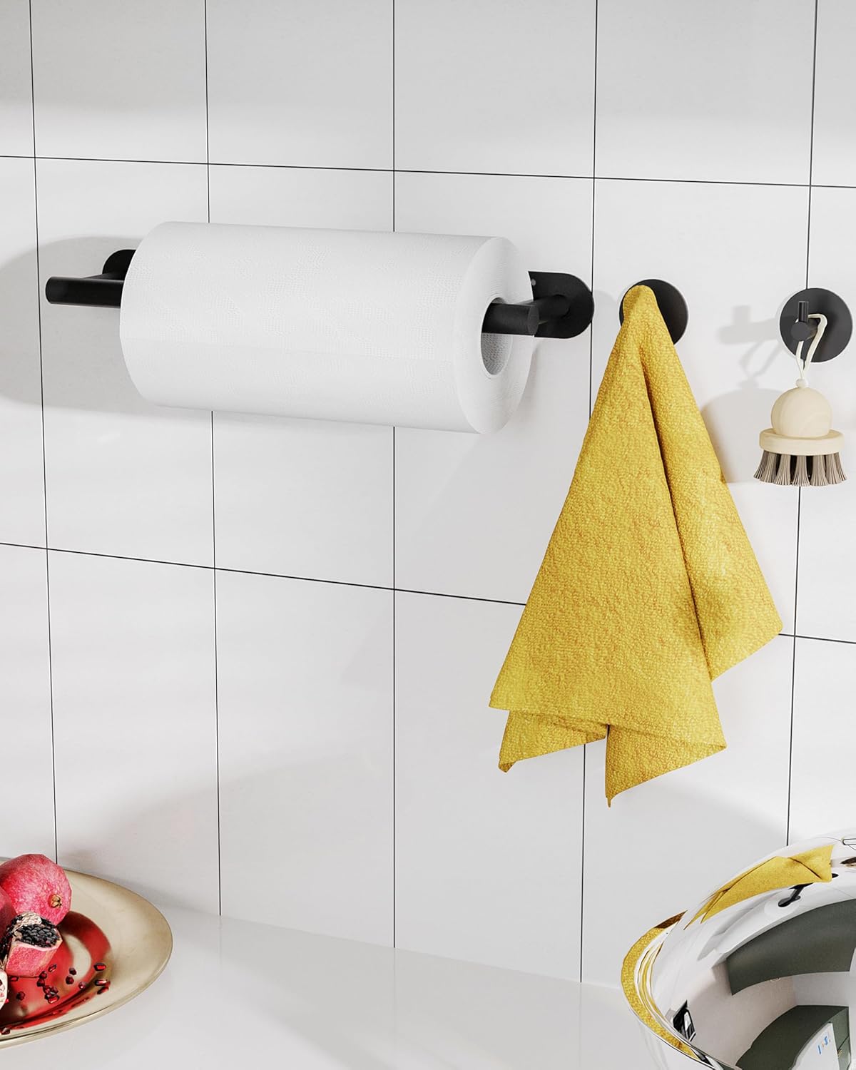 Paper Towel Holder Under Cabinet, Self Adhesive or Wall Mounted SUS304 Stainless Steel Paper Towel Holder for Kitchen, Bathroom(2 Towel Hooks, Matte Black)