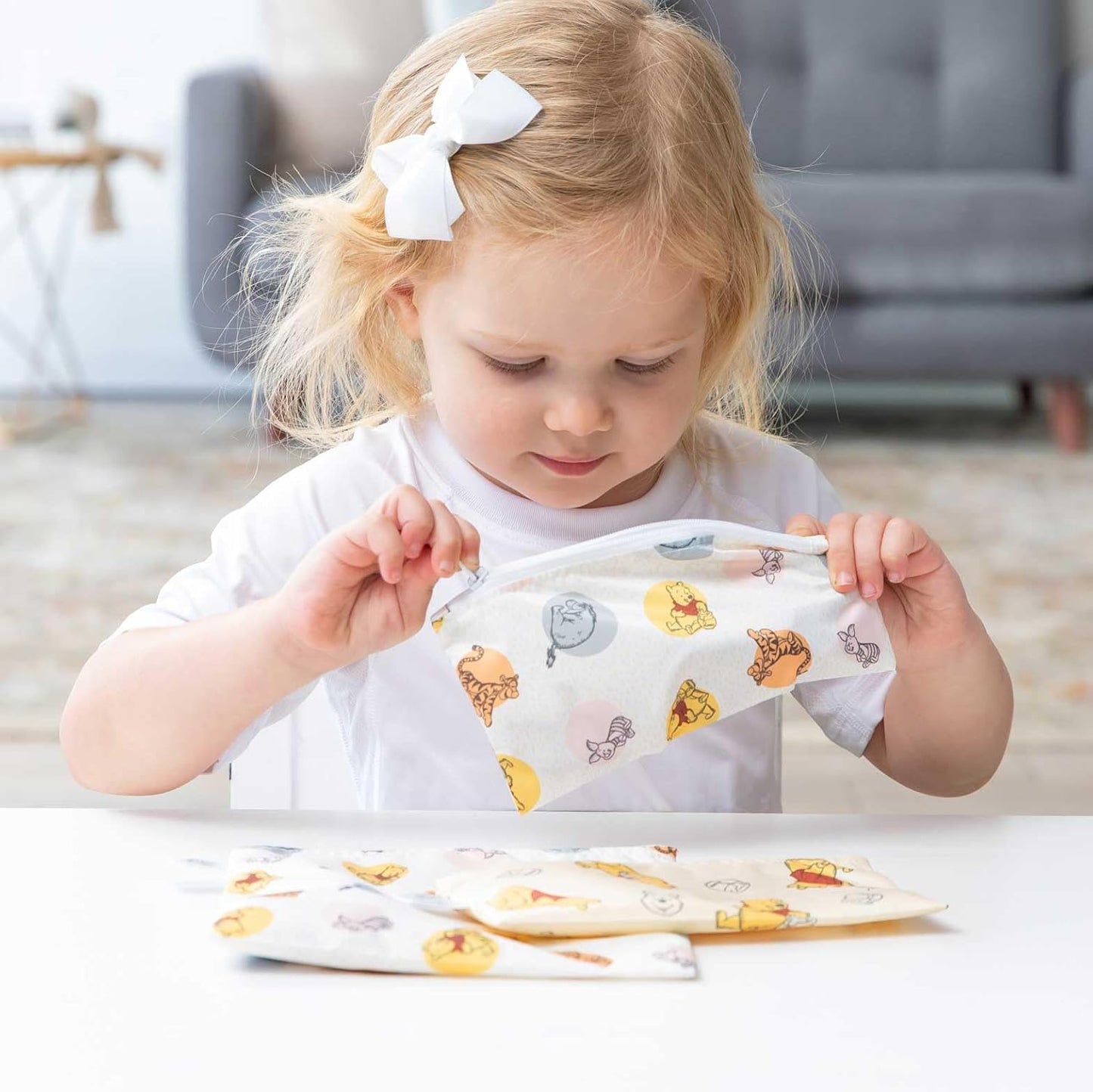 Bumkins - Cloth Snack & Sandwich Bags - For Storage, Travel, Food Prep, Lunch - Reusable, Water Resistant, Washable, Dishwasher Safe - Snack Bags for Kids - Zipper Closure - Winnie the Pooh - 4 Pack
