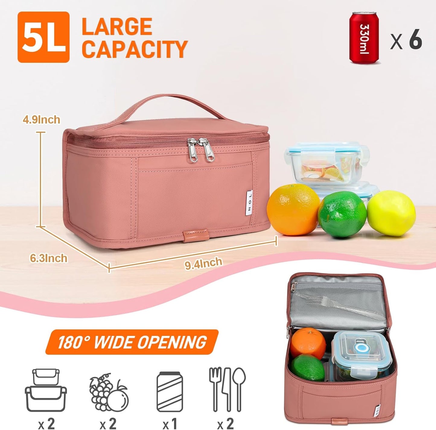 NOL Natural Organic Lifestyle Small Lunch Bag Mini Lunch Box Insulated Lunch Bag for Men/Women Leakproof Cooler Tote Bag Lightweight Nylon Waterproof Lunch Box For Work, Dark pink