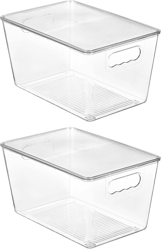 Vtopmart 2 Pack Clear Stackable Storage Bins with Lids, Large Plastic Containers with Handle for Pantry Organizer and Storage,Perfect for Bathroom,Cabinet,Kitchen,Fridge,Closet Organization