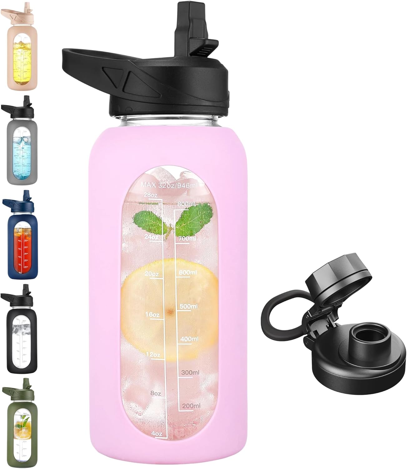 CIVAGO 32 oz Glass Water Bottle with Straw and Handle, Large Sports Motivational Water Bottle Flask with Time Marker and 2 Lids, Leakproof Water Jug Canteen with Silicone Sleeve for Gym,Lavender