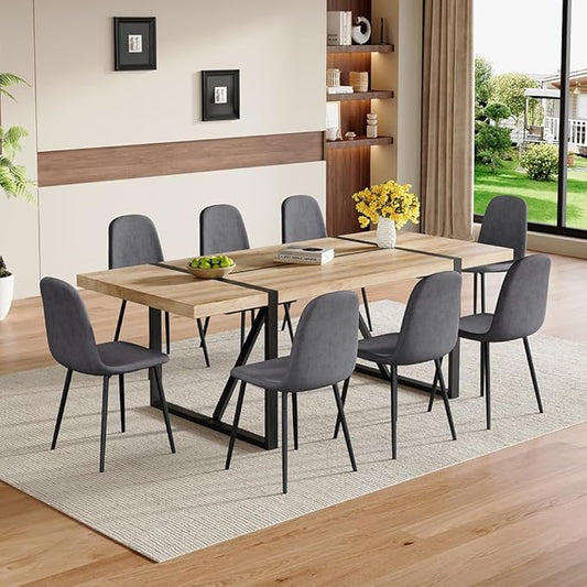 86.6" Dining Table Set for 8, Modern 9 Piece Wood Kitchen Table and Chairs Set, Rectangle Dining Room Table with 8 Linen Fabric Upholstered Chairs, Ideal for Home, Kitchen, or Apartment Dining