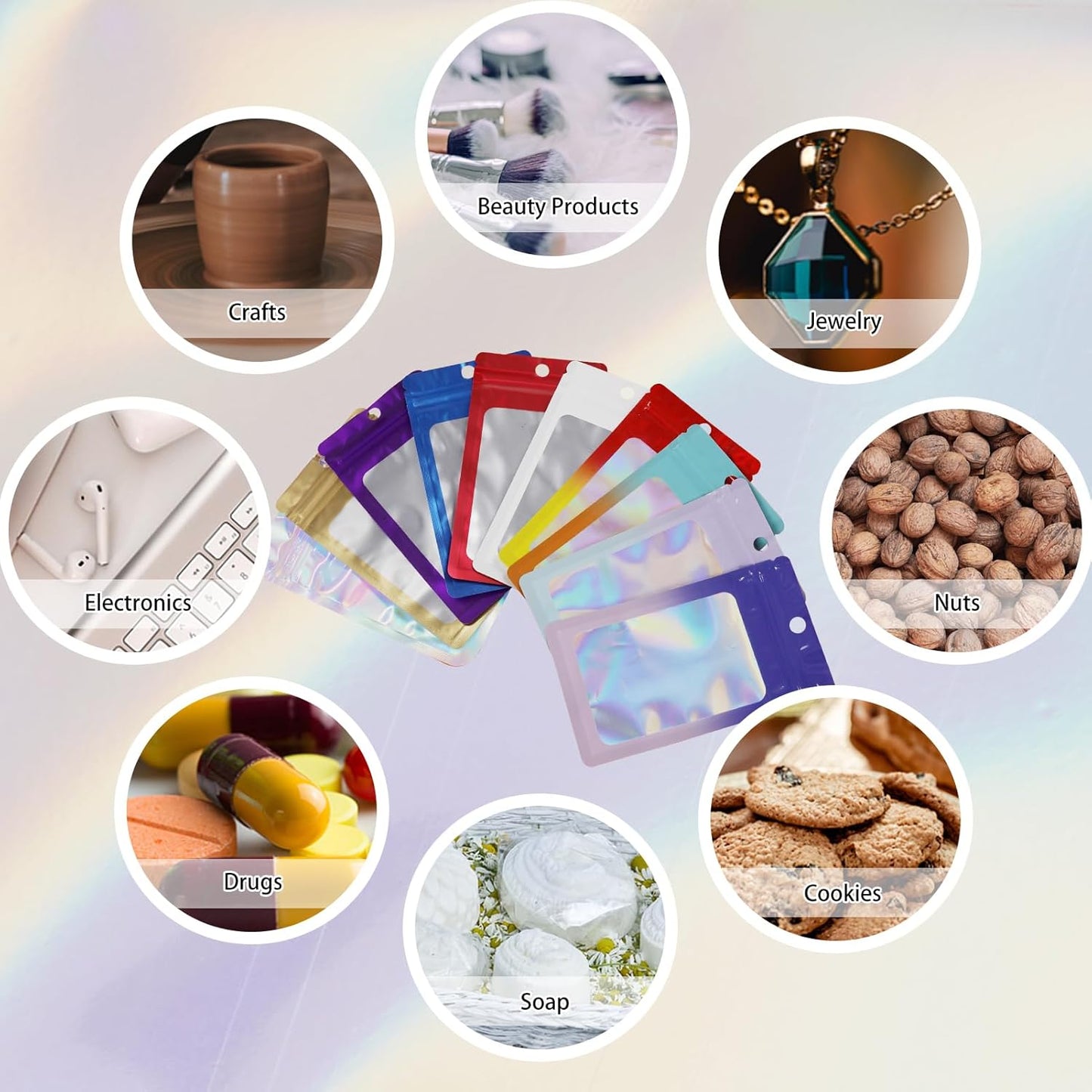 200 Pack Resealable Mylar Holographic Bags Food Storage Smell Proof Bags with Front Window Foil Packaging Pouch for Candy Sample Jewelry Small Business 3.54×6.29 Inch, Blue Fade Purple