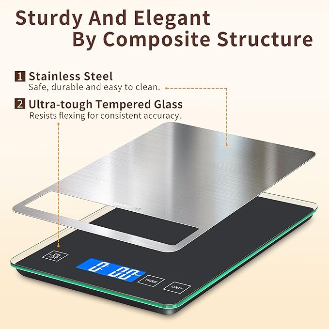 Food Scale, 33lb Digital Kitchen Scale with Stainless Steel & Tempered Glass, 1g / 0.05oz Precise Graduation, Waterproof and Sturdy Surface, for Cooking, Baking, Weight Loss, Meal Prep