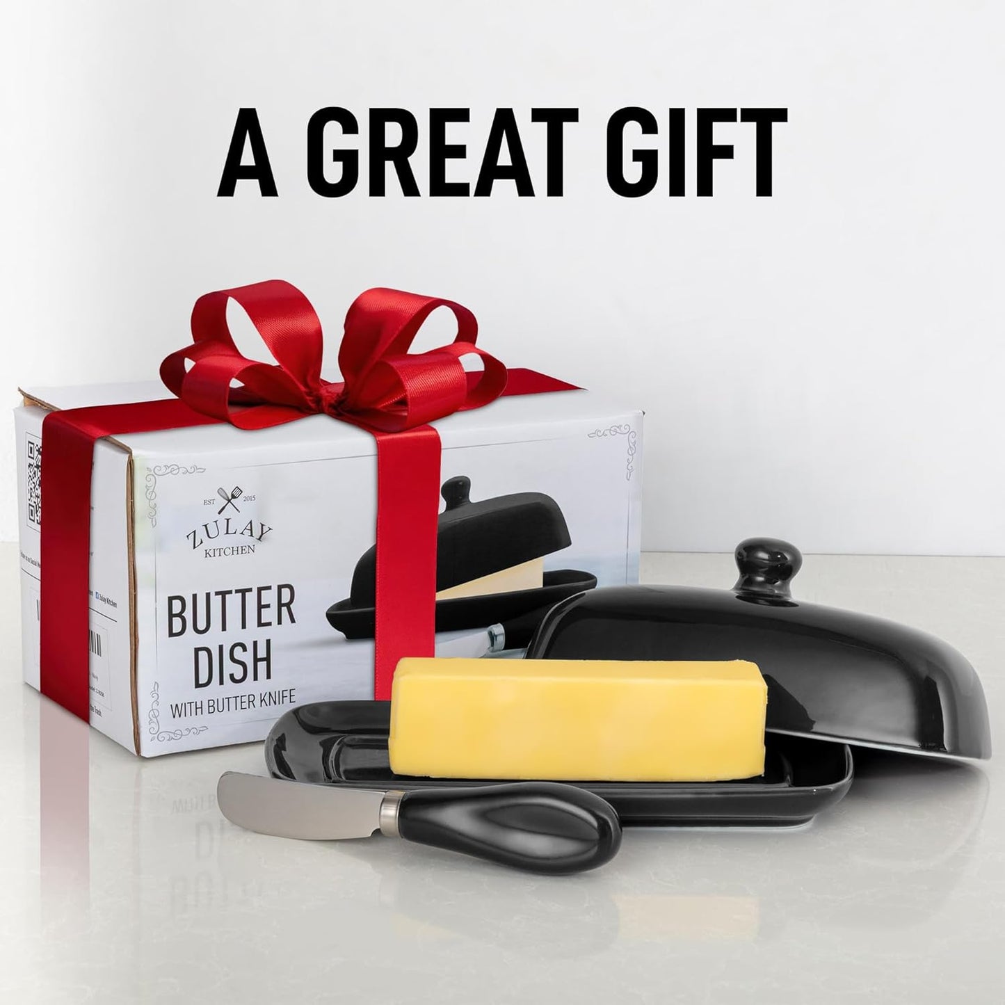 Zulay Butter Dish With Lid For Countertop - Porcelain White, Ceramic Butter Dish with Knob Handle Great for Cooking - Elegant Design Butter Holder - Durable & Sturdy Butter Keeper - Black