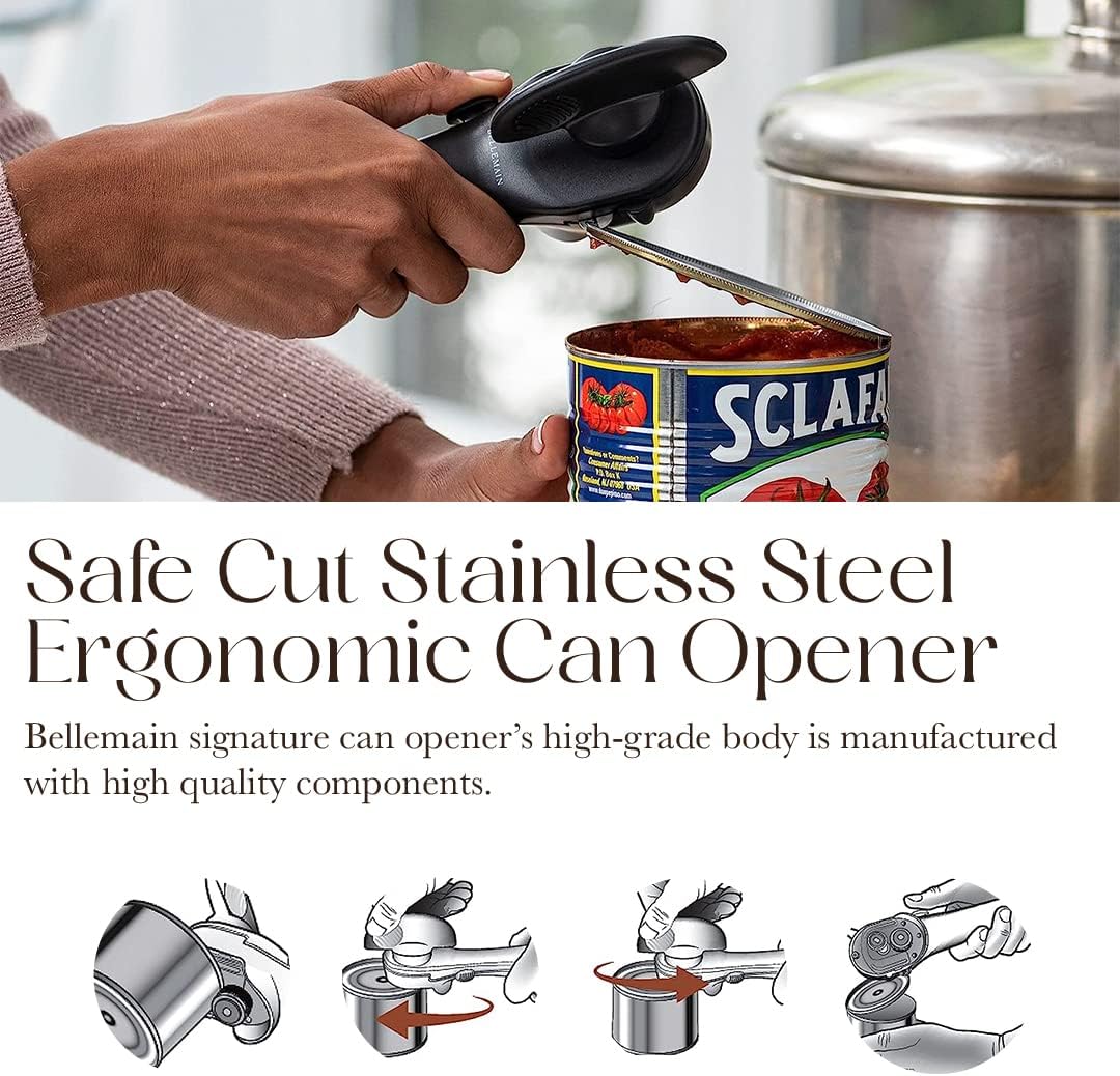 Bellemain Stainless Steel Can Opener – Manual Can Opener For seniors - Ergonomic Smooth edge Can Opener Hand Held Heavy Duty – Easy to use can opener safe cut