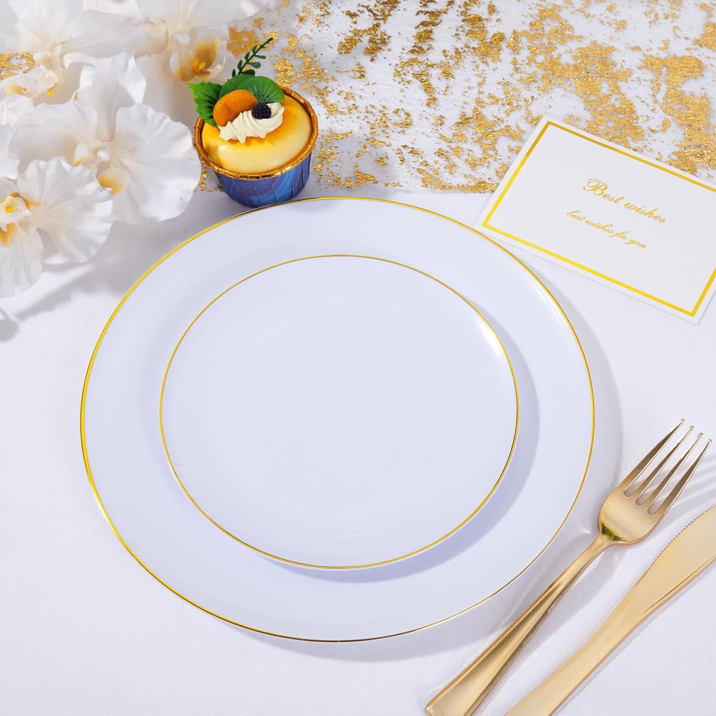 KIRE 200PCS Gold Plastic Plates - Disposable Plates for Party - White Plastic Plates with Gold Rim Include 100 for Dinner and 100 for Dessert/Salad in Wedding