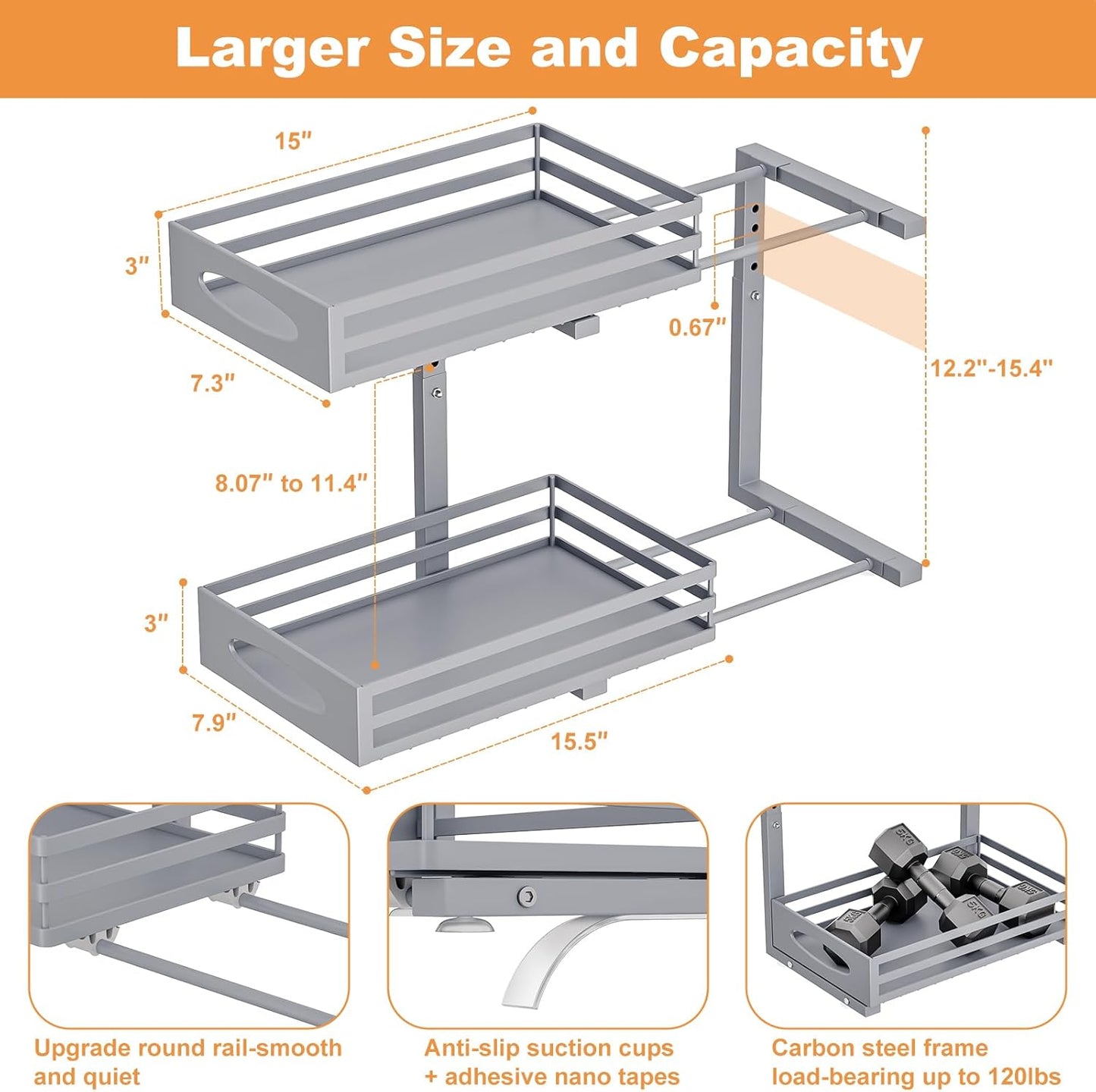 Under Sink Organizer, 2 Tier Under Sink Organizers and Storage, Adjustable Height, Slide Out Metal Cabinet Organizers, Pull Out Cabinet Storage Drawer Shelf for Kitchen Bathroom Gray, 1 Pack