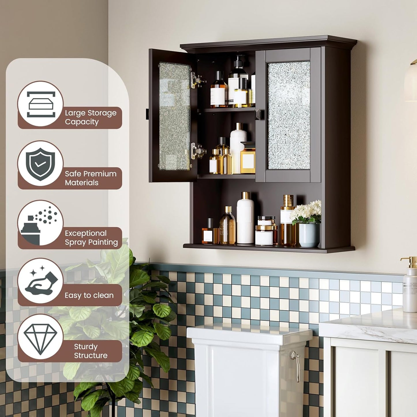 Bathroom Cabinet Wall Mount, Medicine Cabinet Over Toilet Storage Cabinet with Glass Door Build-in Spirit Level Cupboard Hanging Storage for Bathroom Laundry Kitchen Living Room (Espresso)