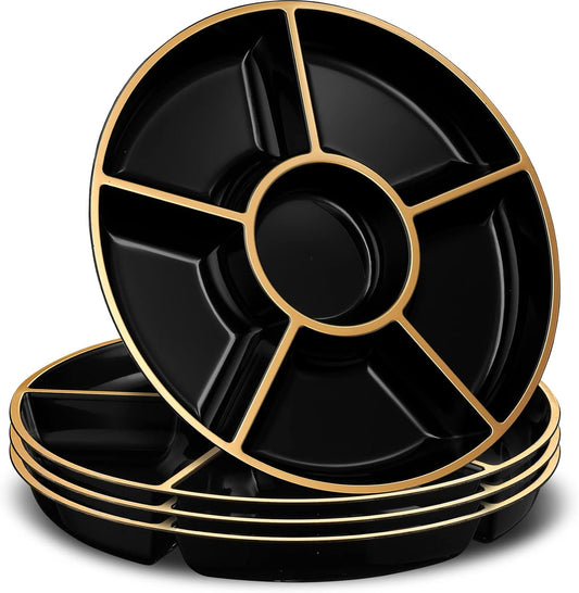 PLASTICPRO 6 Sectional Round Plastic Serving Tray/Platters Black & Gold Pack of 2