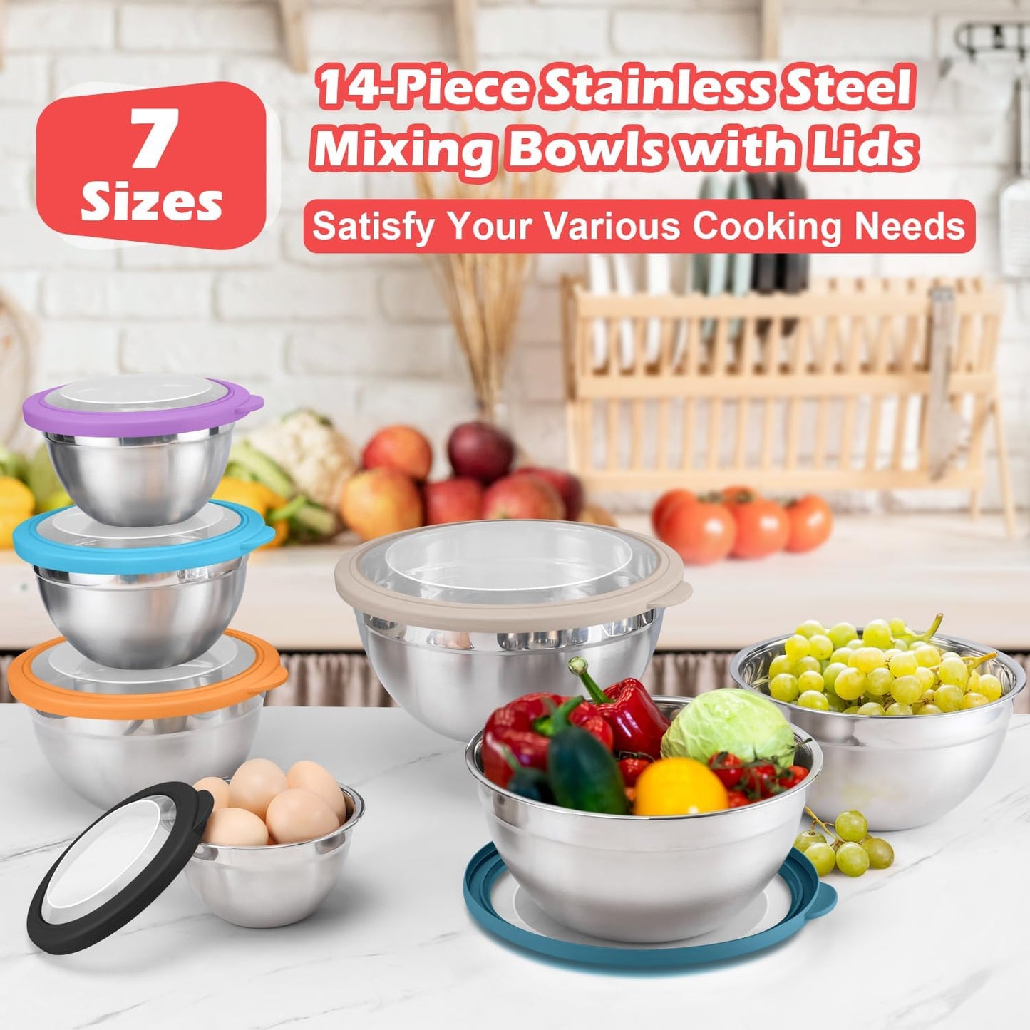 E-far Mixing Bowls Set of 7, Stainless Steel Mixing Bowls with Airtight Clear Lids, Metal Nesting Bowls for Kitchen Prep, Baking, Serving, Dishwasher Safe, Size 4.6, 3.5, 3, 2, 1.5, 1, 0.7QT, Colorful