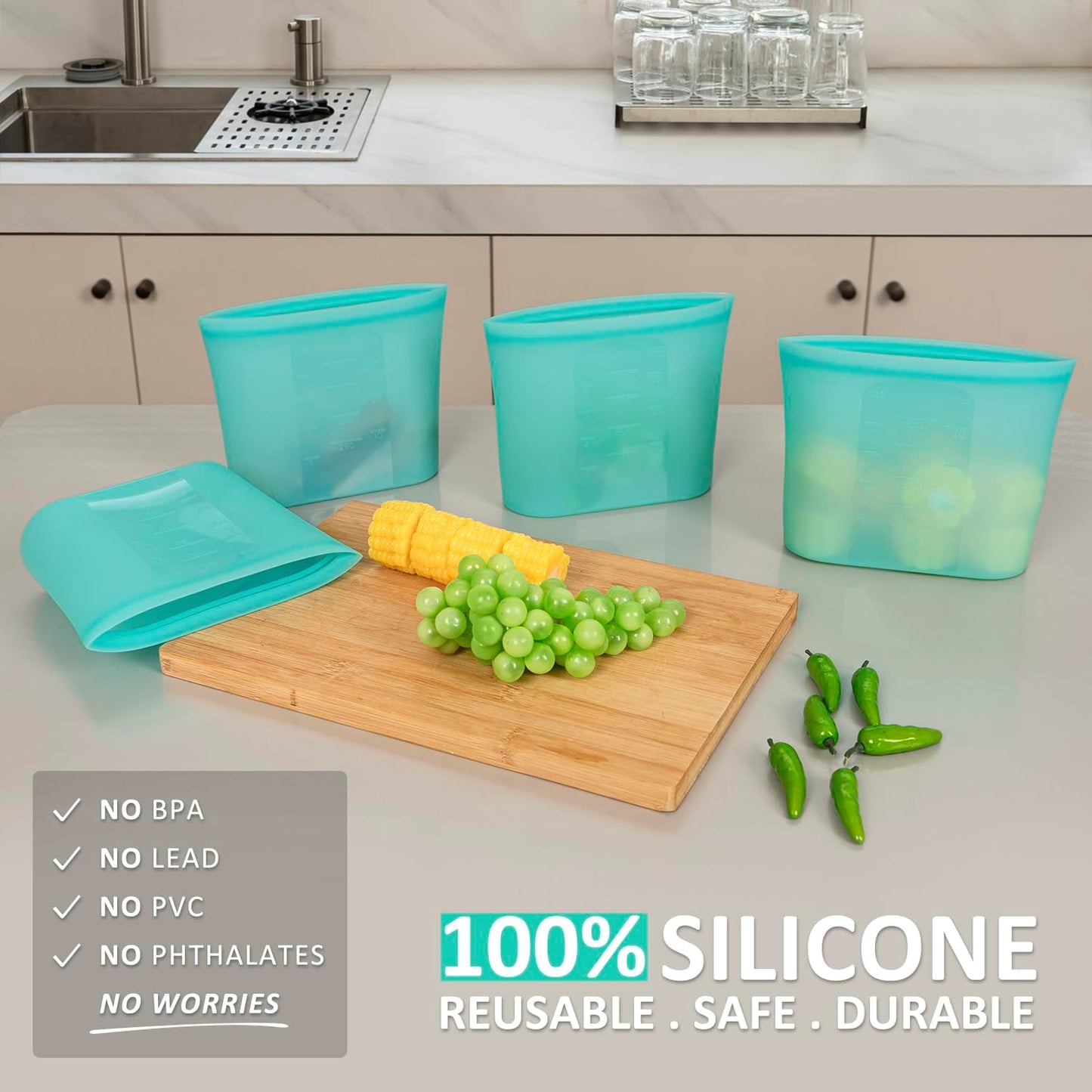 Reusable Freezer Bags Quart Size, 4 Pack, 100% Silicone Stand Up Ziplock Reusable Silicone Food Storage Bags Sandwich Bags Containers, Freezer Microwave Oven Dishwasher Safe, Aqua, 33.8fl.oz