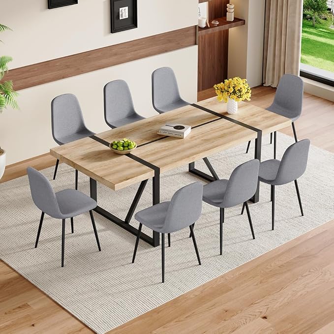86.6" Dining Table Set for 8, Modern 9 Piece Wood Kitchen Table and Chairs Set, Rectangle Dining Room Table with 8 PU Leather Upholstered Chairs, Ideal for Home, Kitchen, or Apartment Dining