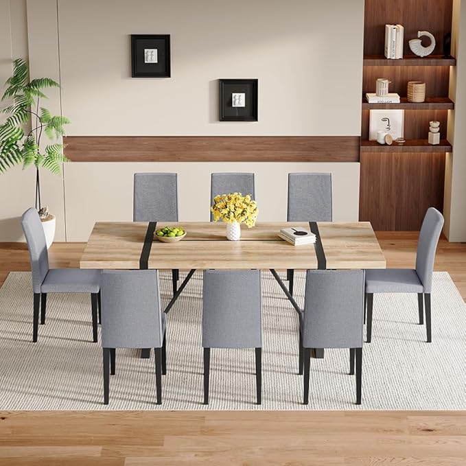 86.6" Dining Table Set for 8, Modern 9 Piece Wood Kitchen Table and Chairs Set, Rectangle Dining Room Table with 8 Linen Fabric Upholstered Chairs, Ideal for Home, Kitchen, or Apartment Dining