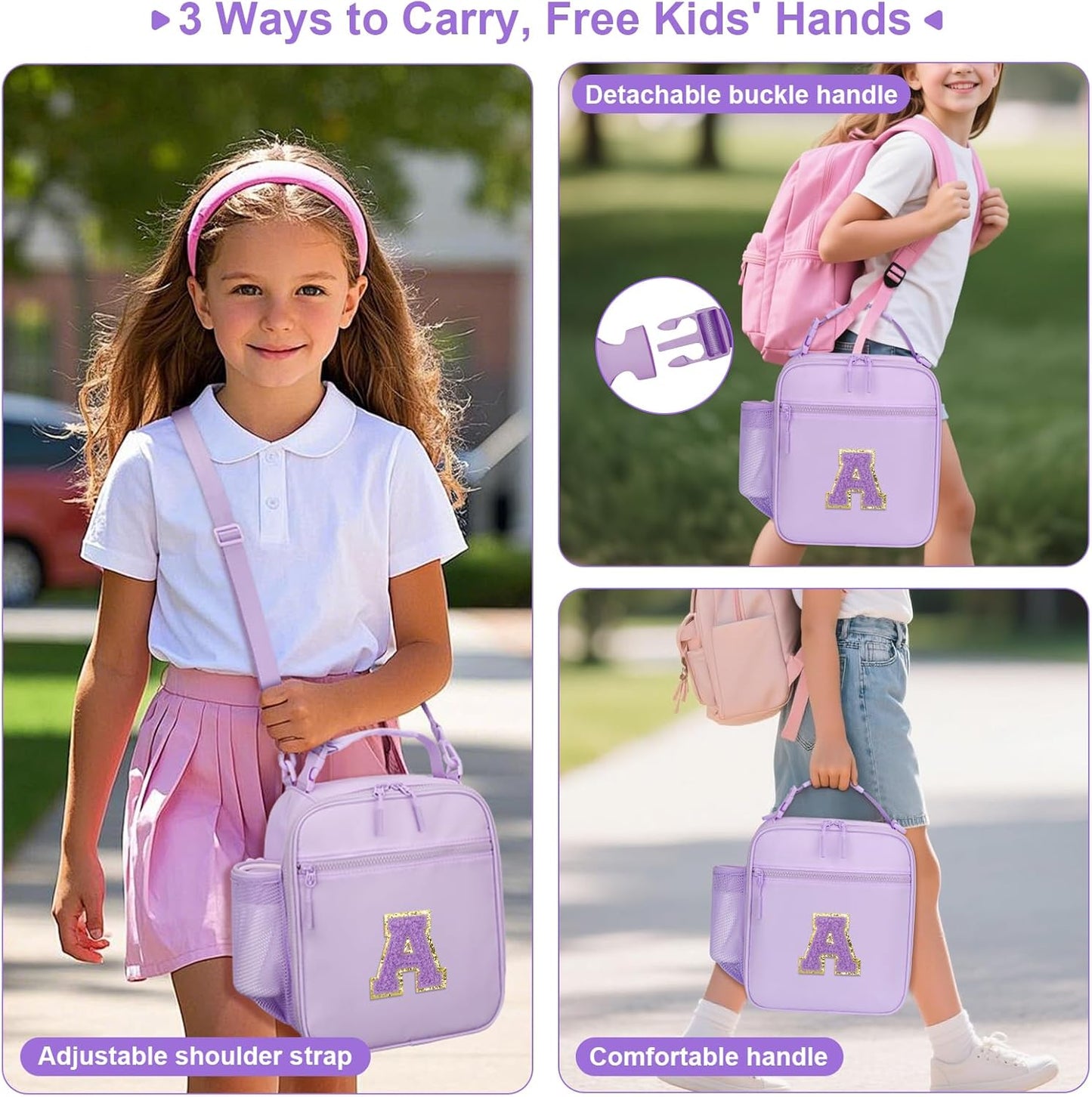 Initial Insulated Lunch Bag for Girls Kids, Back to School Gift, Reusable Leak-proof Lunch Box with Adjustable Strap for School Daycare Travel Picnic (Purple,A)