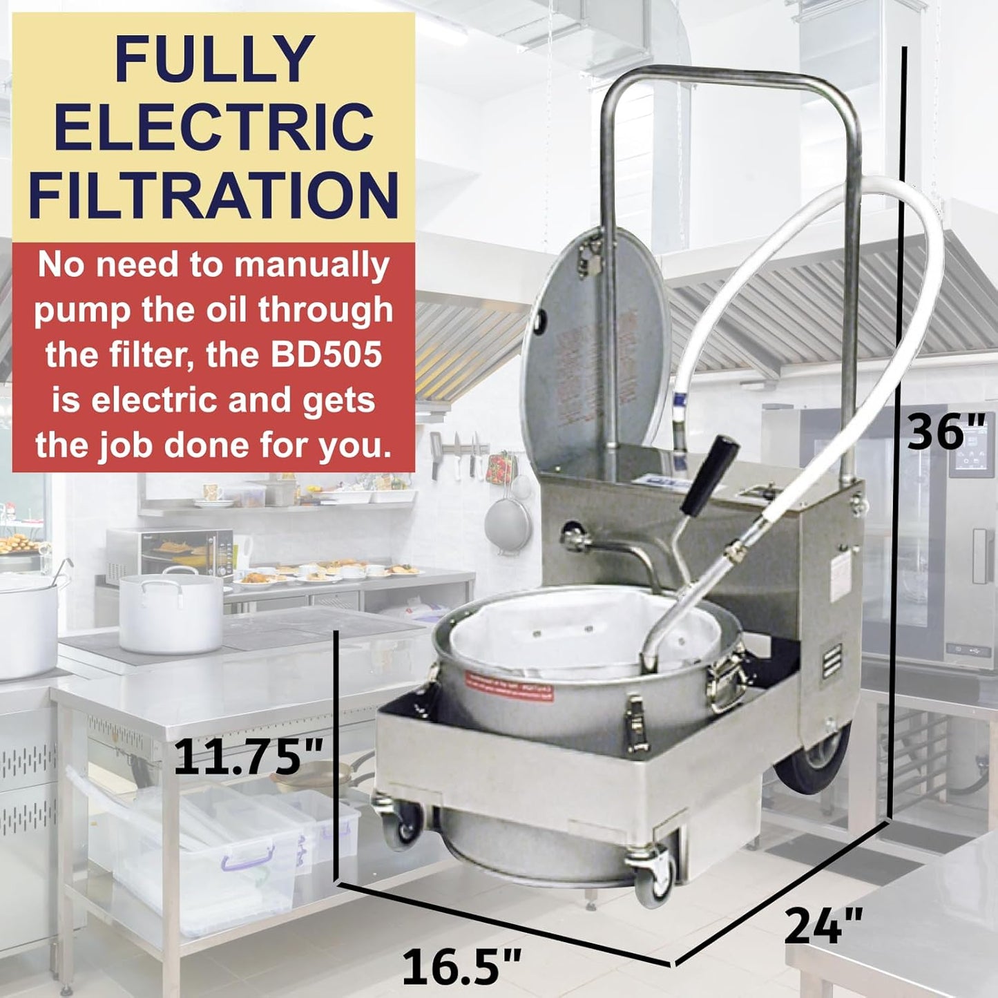 MirOil BD505 Electric Oil Filter Machine & Discard Trolley, Portable Oil Filter Machine for 55lb Fryer Grease, Filtration System for Deep Fryers for Food Trucks, Caterings, Restaurants & Food Services