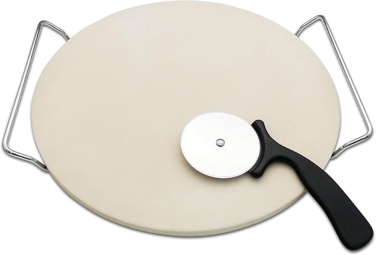 13 Inch Round Pizza Stones for Grill and Oven, Cordierite Baking Stones Set with Serving Rack & Cutter, Durable and Safe Cooking Stone Pan for Bread