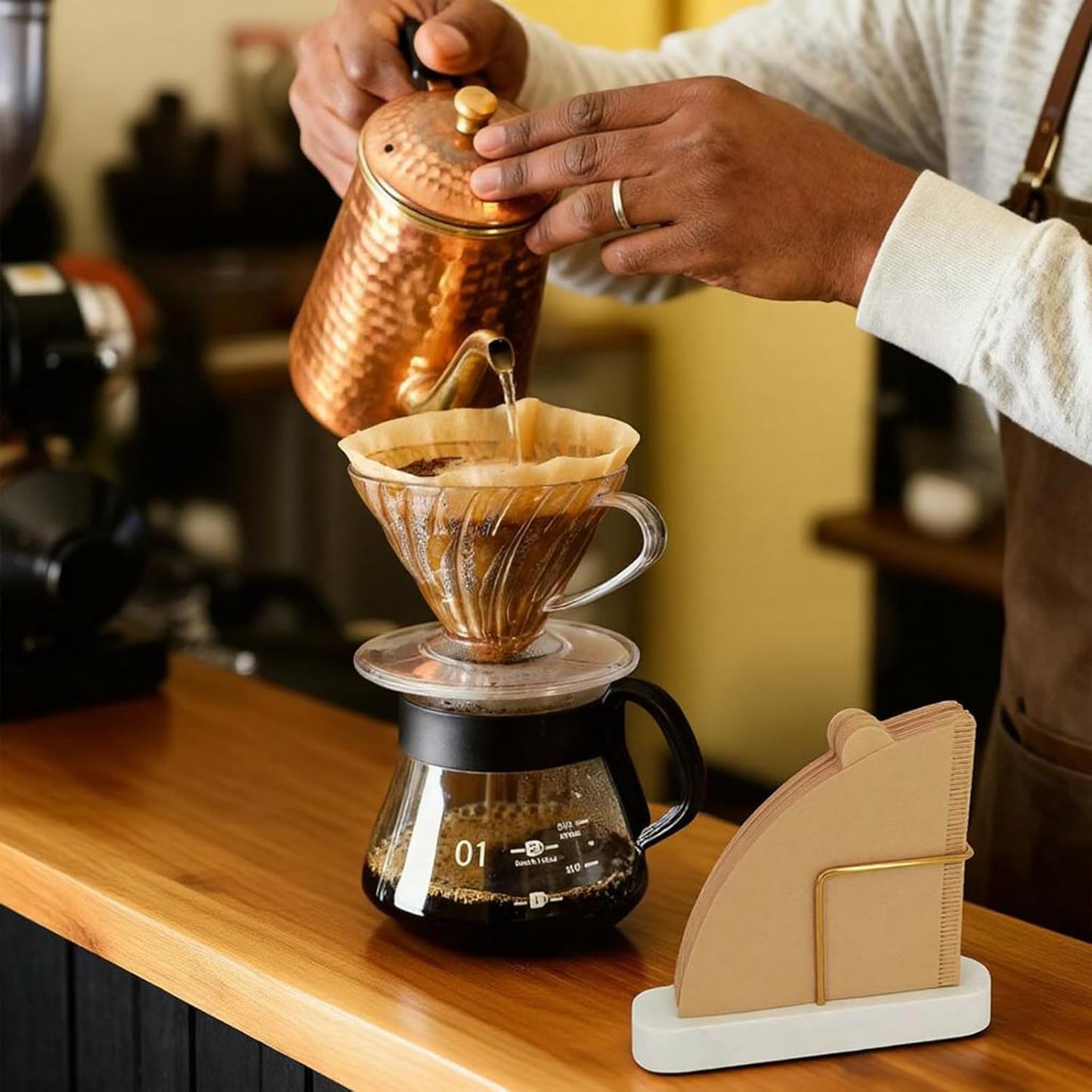 Cone Coffee Filter Holder for Counter, Coffee Filter Storage Container for Cone Paper Filters Size #01 ＆ #02, Marble Base with Non-Slip Pad (White)