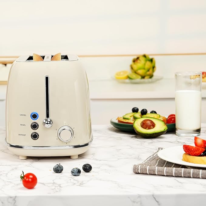 Roter Mond 4 Slice Toaster Retro Stainless Steel Toaster with Bagel, Cancel, Defrost Function and 6 Bread Shade Settings Bread Machine, Long Extra Wide Slots and Removable Crumb Tray, Cream