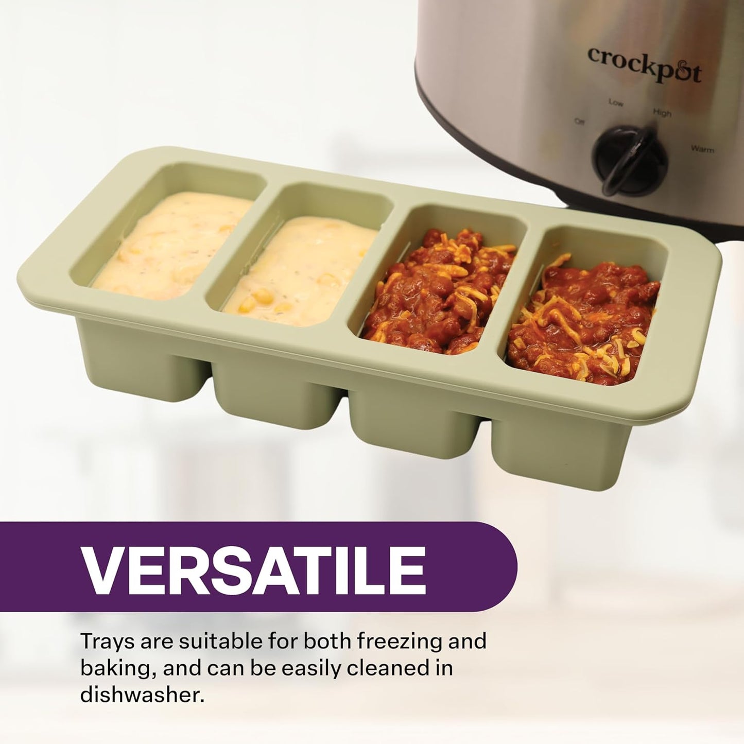 Silicone Freezer Tray with Clear Lid, 4 Compartments with 1 Cup Capacity Each, Large Ice Cube Molds, Microwave and Dishwasher Safe, for Freezing Soup, Sauce, Broth, etc. Sage Green