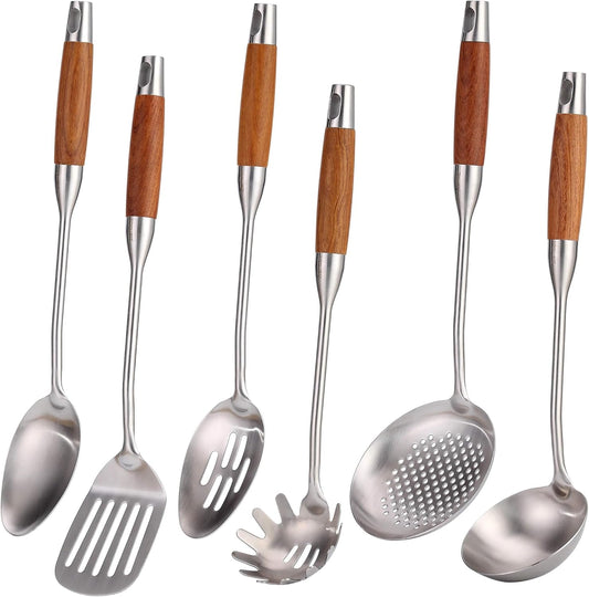 18/10 Stainless Steel Kitchen Utensils Set with Wood Handle - 15” Long Metal Cooking Tools - Serving Solid/Slotted Spoon, Tunner, Skimmer, Soup Ladle, Spaghetti Spoon, Large Spoons Set of 6