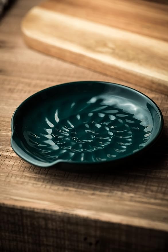 Spoon Holder for Stove Top, Cooking Spoon Rest for Multiple Utensils, Large Utensil Rest Ceramic Spatula Holder, Modern Farmhouse Kitchen Decor, Drak Green