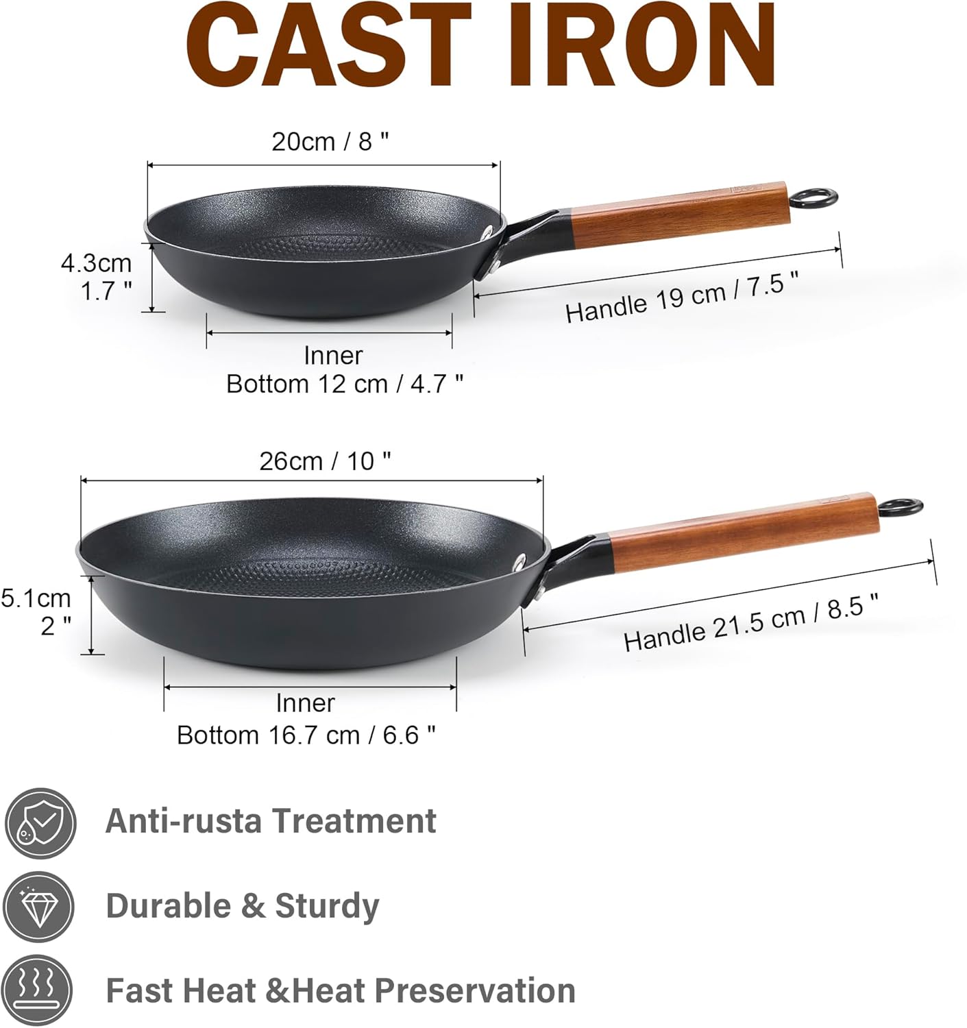 DM Cast Iron Skillet, 2 Piece Nonstick Frying Pan Set, 8 and 10 Inch with Detachable Acacia Wooden Handle, Honeycomb Non stick Omelet Egg Pan, Easy Clean Oven Safe Pans for Cooking