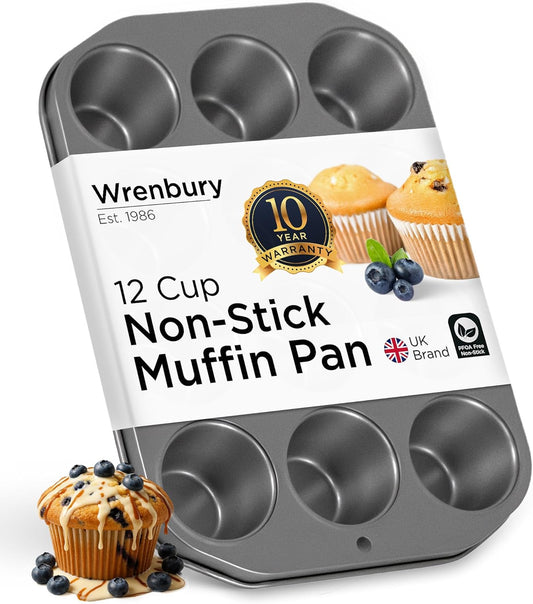 Wrenbury Non Stick Muffin Pan for Baking 12 Cup - Non Toxic Deep Cupcake and Yorkshire Pudding Tin - Even Bakes, Easy Clean, Warp Resistant - 1.25" Cup