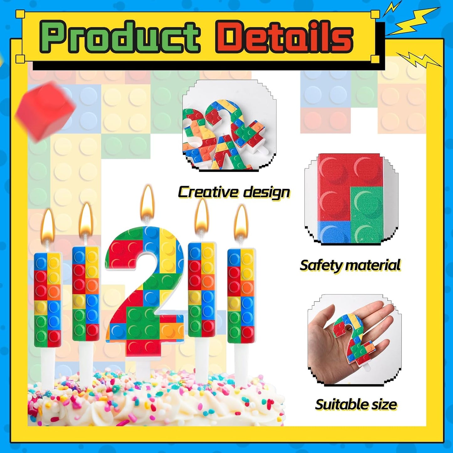 AXBMM 7 Pcs Building Block Themed Birthday Candles Set Building Blocks Number 2 Candle Cake Topper for Building Block Party Decoration Supplies (Number 2)