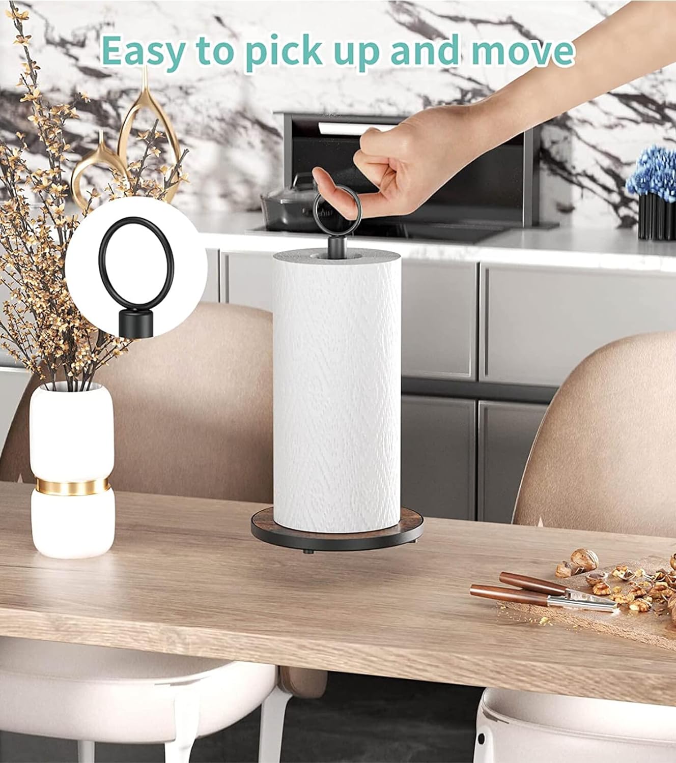 OROPY Paper Towel Holder Countertop with Heavy Duty Wood Base, Farmhouse Paper Towel Roll Stand for Kitchen Counter fits Standard and Jumbo Size Paper Towels (Brown)