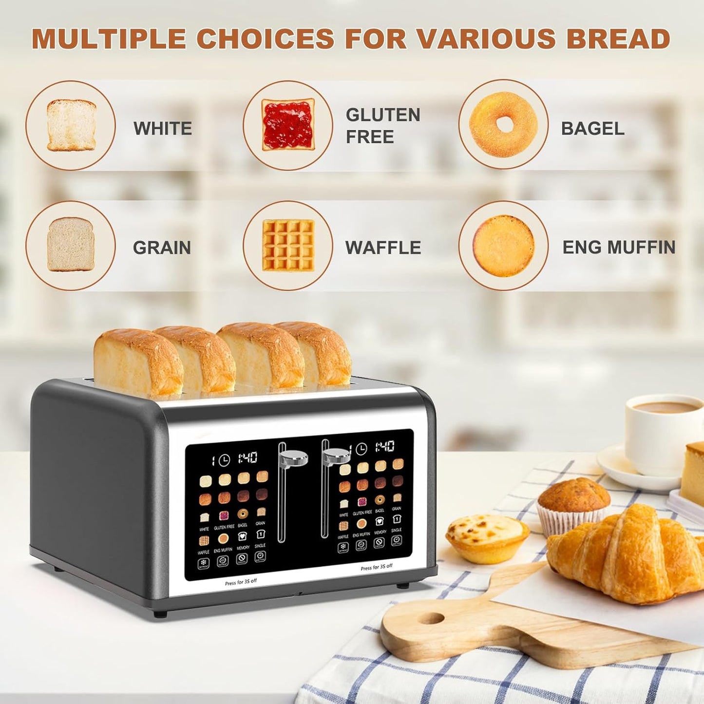 4 Slice Toaster Touch Screen, Stainless Steel Toasters Digital Timer, Dual Control Panel Toasters, 8 Shade Settings 6 Bread Types for Bagel, Cancel, Defrost 1650W Grey