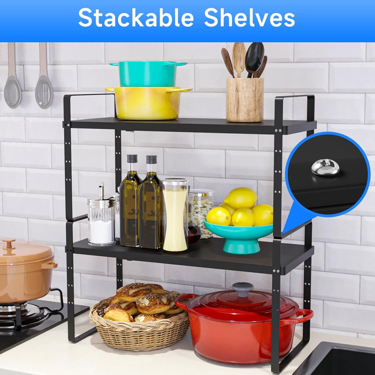 Expandable Cabinet Shelf Organizer, Stackable Kitchen Pantry Counter Storage, Adjustable Closet Cupboard Stand Rack Risers Spice Organization 80LBS Heavy Duty Black 2 Pack