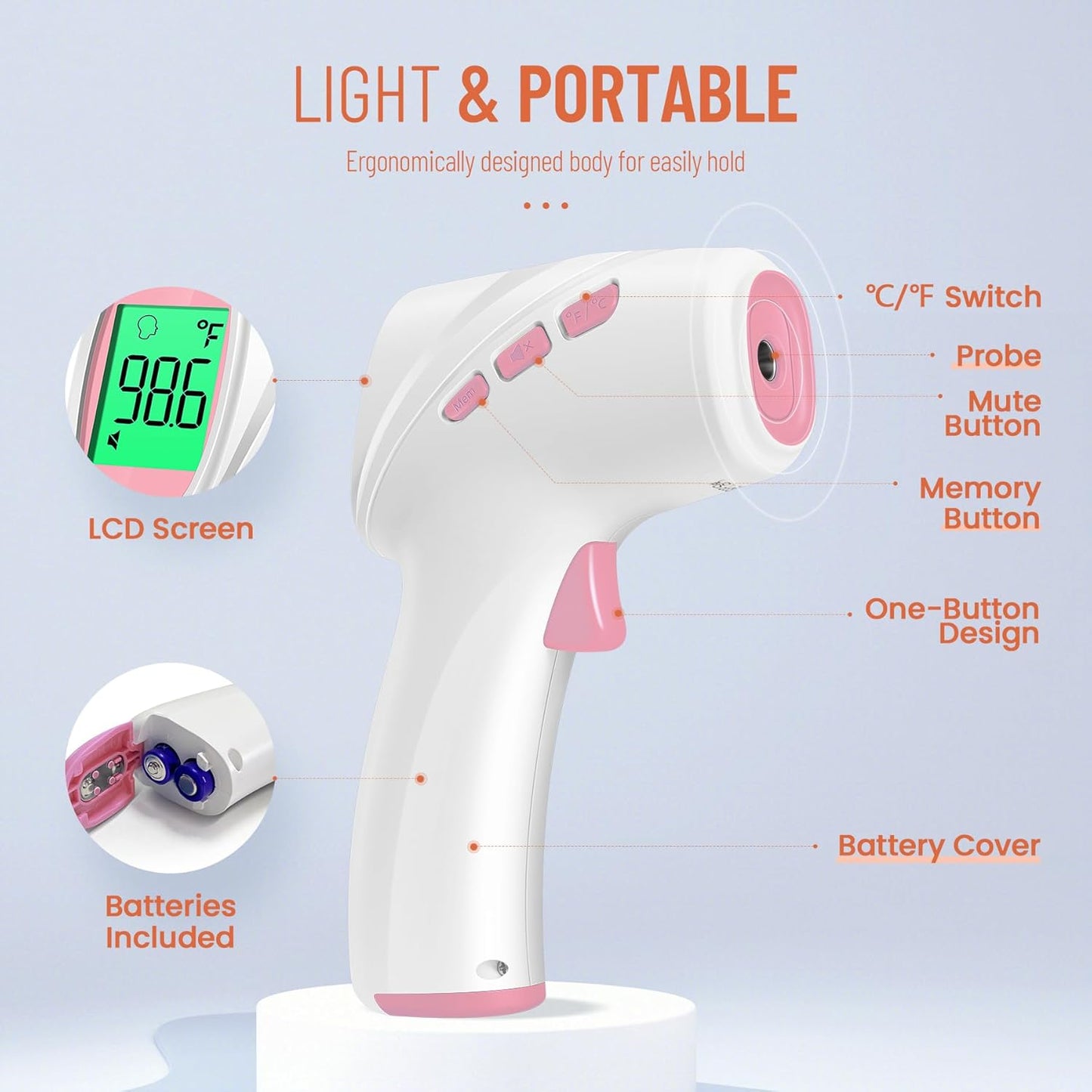 Forehead Thermometer for Adults, Kids & Babies, No-Touch Digital Thermometer with LCD Backlight Display, Fever Alarm and 1s Instant Reading - Pink