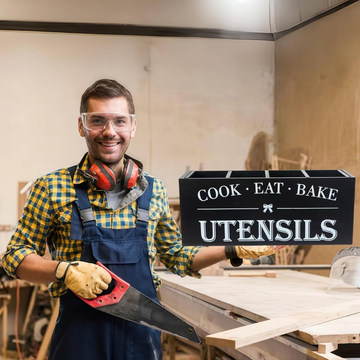 Utensil Holder,Extra Large Wooden Utensil Holder For Kitchen Counter,Cooking Spatula Organizer,Big Storage Caddy With 4 Compartments Flatware Spoon Tool Cutlery