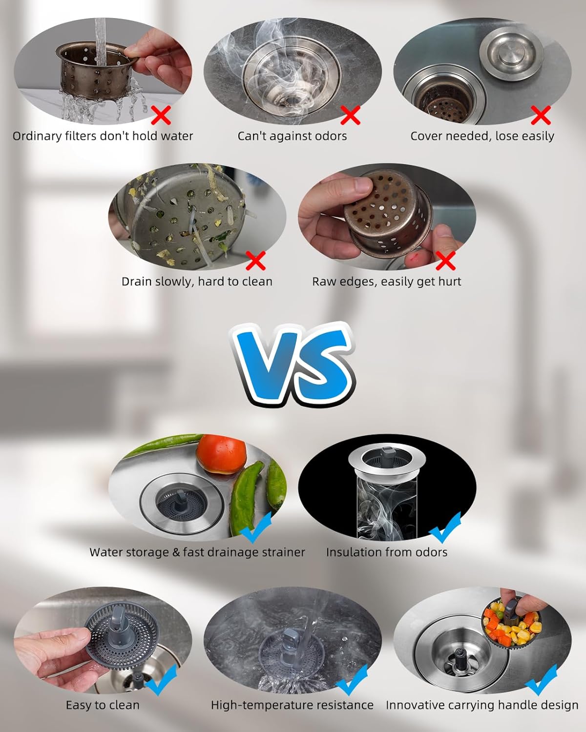 Hibbent 2 Pack 3 in 1 Kitchen Sink Drain Strainer and Stopper Combo, Stainless Steel Metal Pop Up Sink Stopper with Foldable Handle, 6 Anti-Clogging Baskets, Fit for US Standard 3-1/2 Inch Drain