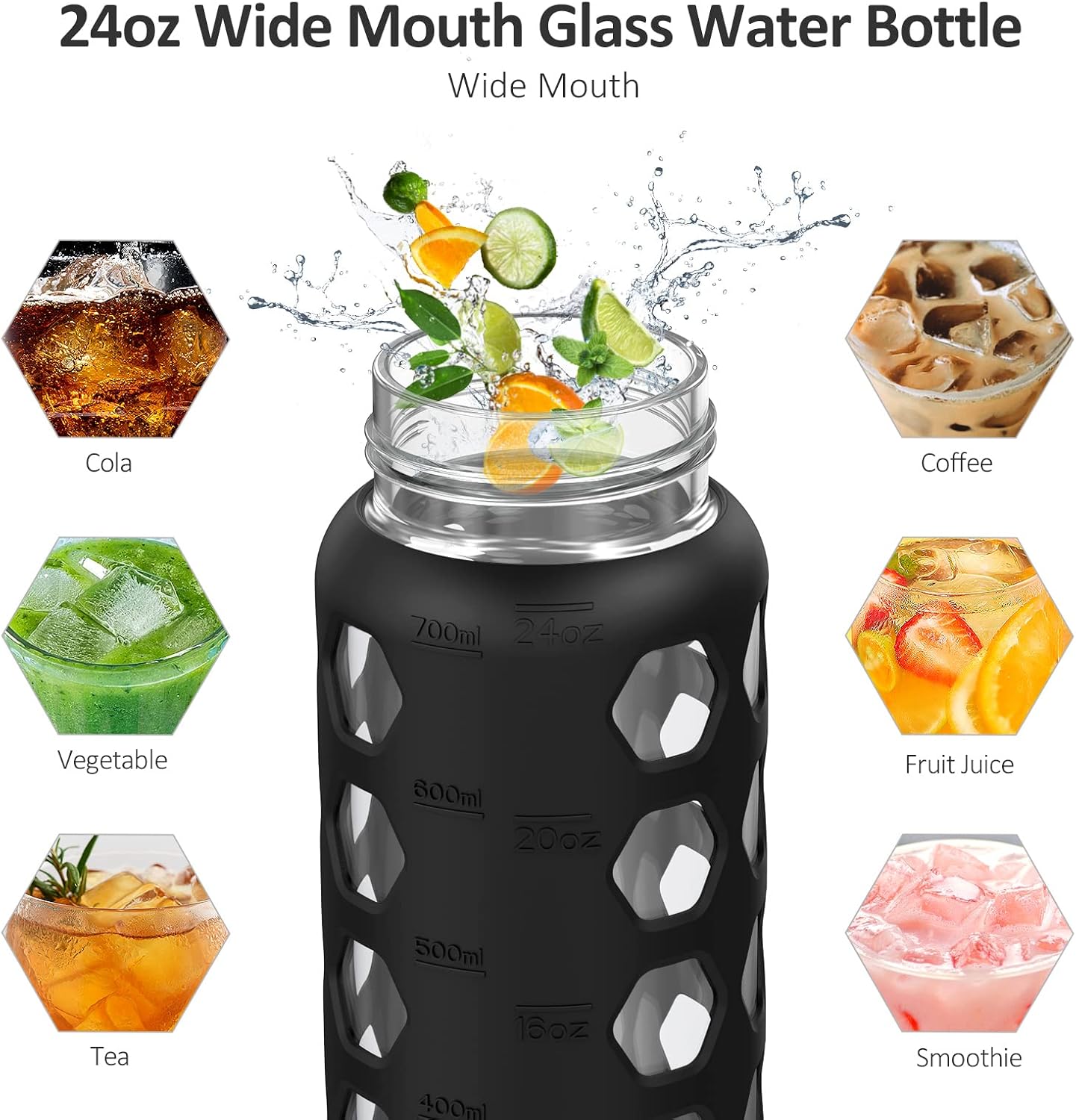 MUKOKO 24oz Glass Water Bottle with 2 Lids-Handle Flip Lid&Bamboo Straw Lid,Motivational Water Tumbler with Time Marker Reminder and Silicone Sleeve, Leakproof-Black