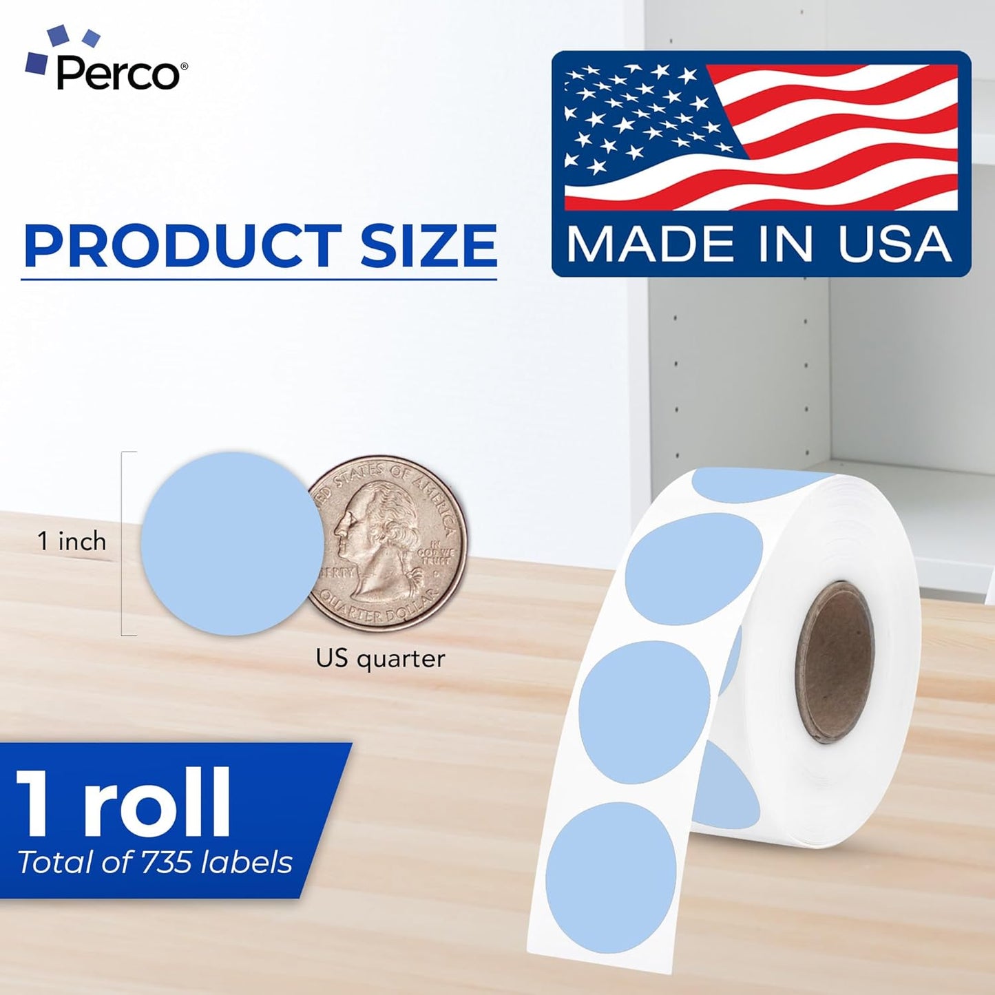 Perco Blue 1-Inch Perforated Circle Dot Thermal Sticker Labels — 735 Stickers/Roll, Direct Thermal Printer Compatible—with Permanent Adhesive for Color Coding, Garage Sales, Crafts—Made in USA