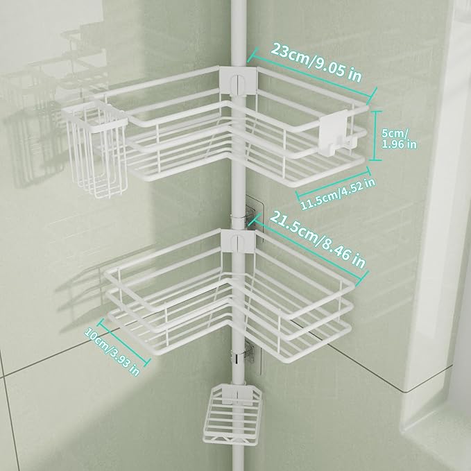 HapiRm Corner Shower Caddy Organizer - Shower Organizer Corner with Soap Holder, Toothbrush Holder and 4 Hooks, Rustproof Bathroom Shelf Tension Pole Available for 27.6 to 108.3 Inch - White