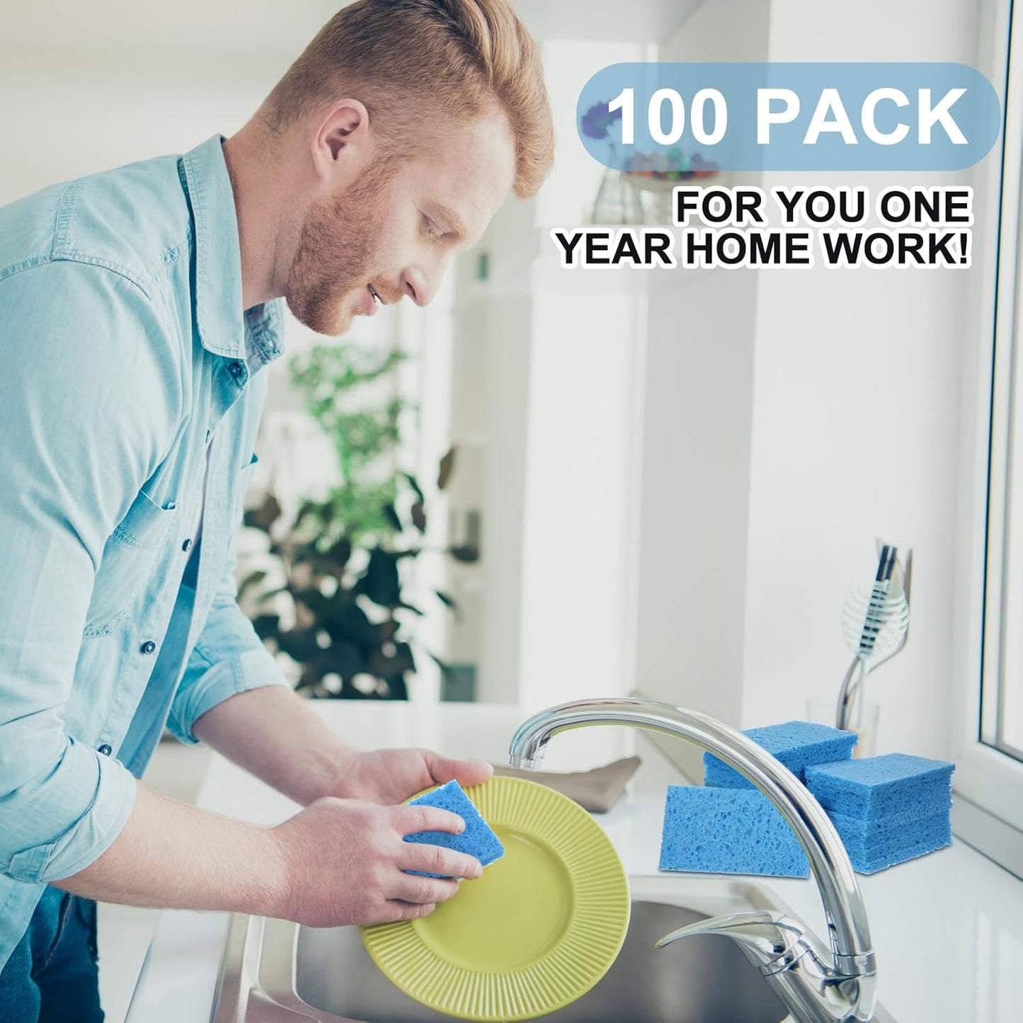 Zhengmy 100 Pieces Kitchen Sponge Bulk Natural Sponges for Dishes Compressed Wood Pulp Sponges Cleaning Sponge Without Scratching for Kitchen Bathroom, 3.9 x 2.4 x 0.12 Inch (Blue)