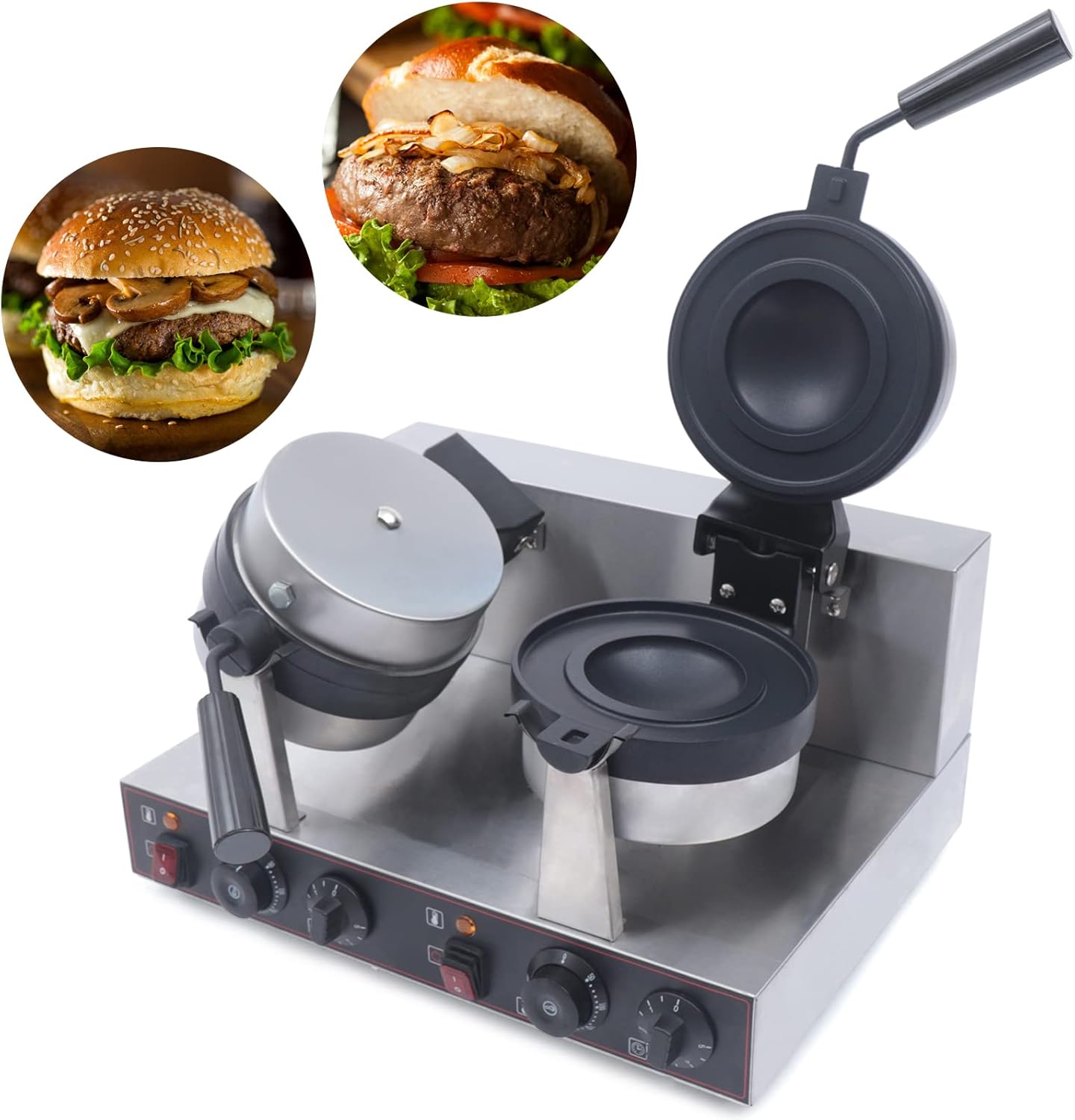 Commercial Electric Burger Waffle Maker Machine, Non Stick Panini Hamburger Press Machine Stainless Steel Ice Cream Burger Baker for Waffles, Paninis Household Hamburger Maker 2400W (Double)