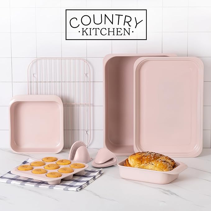 Country Kitchen Nonstick Stackable Bakeware Set - Deluxe Heavy Duty, Durable, Easy Release Baking Set, 8 Pcs, Pink